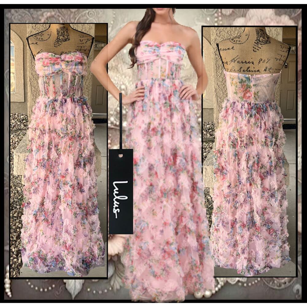 Lulus Pink Floral Mesh Ruffled Strapless Stunning Element Maxi Dress Size S